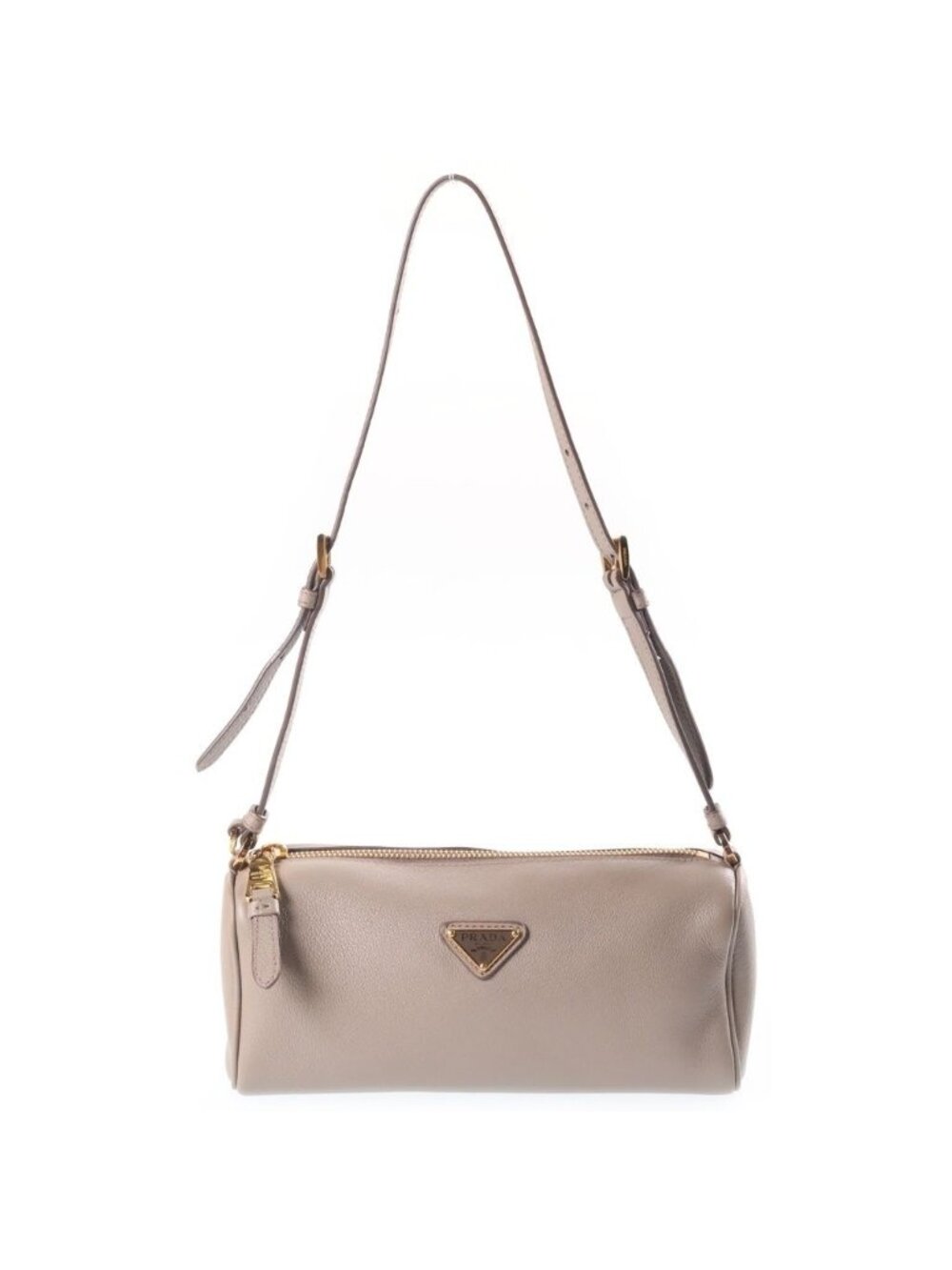 Prada Triangle Logo Plate Shoulder Pouch Bag Greige Leather Gold